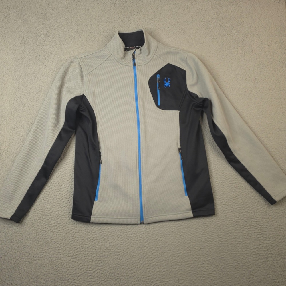 Spyder Jacket Mens Large Full Zip Fleece Gray Black Blue Waffle Knit